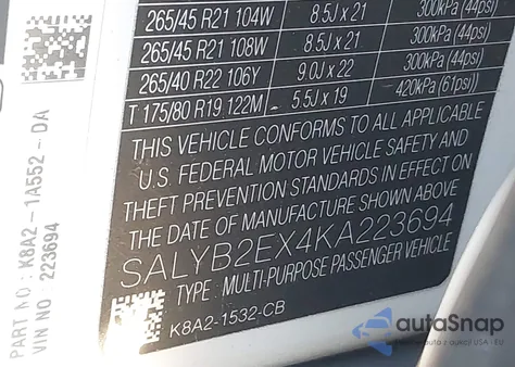 2019 Land Rover Range Rover Velar P250 S z USA, uszkodzony, nr VIN SALYB2EX4KA223694